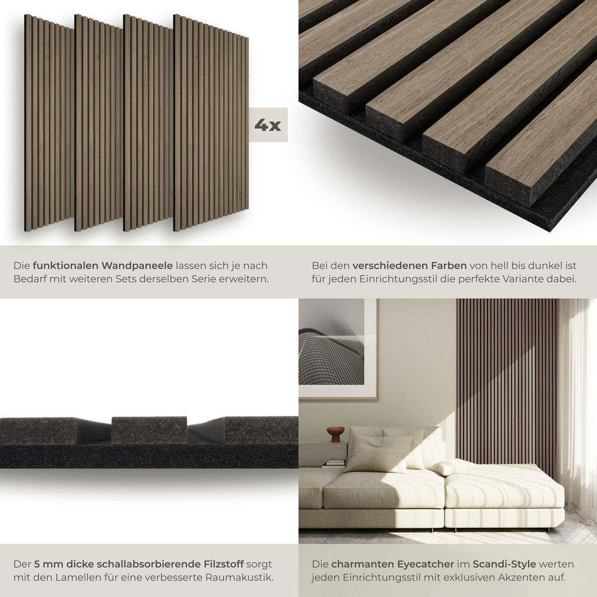 AKUSTIKPANEELE 4er Set Sonic Wall Iii, je 120 x 60 x 1,1 cm, Größe flexibel anpassbar, Eiche dunkel - Wildeiche, Holz (60/1.1/120cm) - tectake