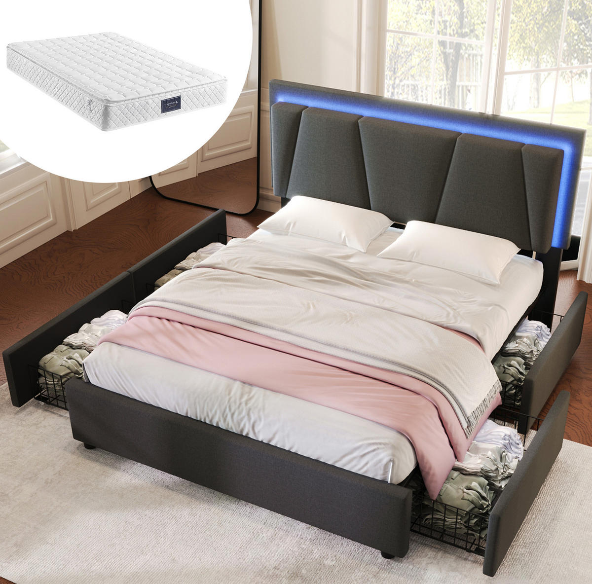 OBLAZINJENA postelja 140/200 cm z LED osvetlitvijo, 4 predali in nastavljivim vzglavjem, Siva - siva, les (140/140cm) - Redom
