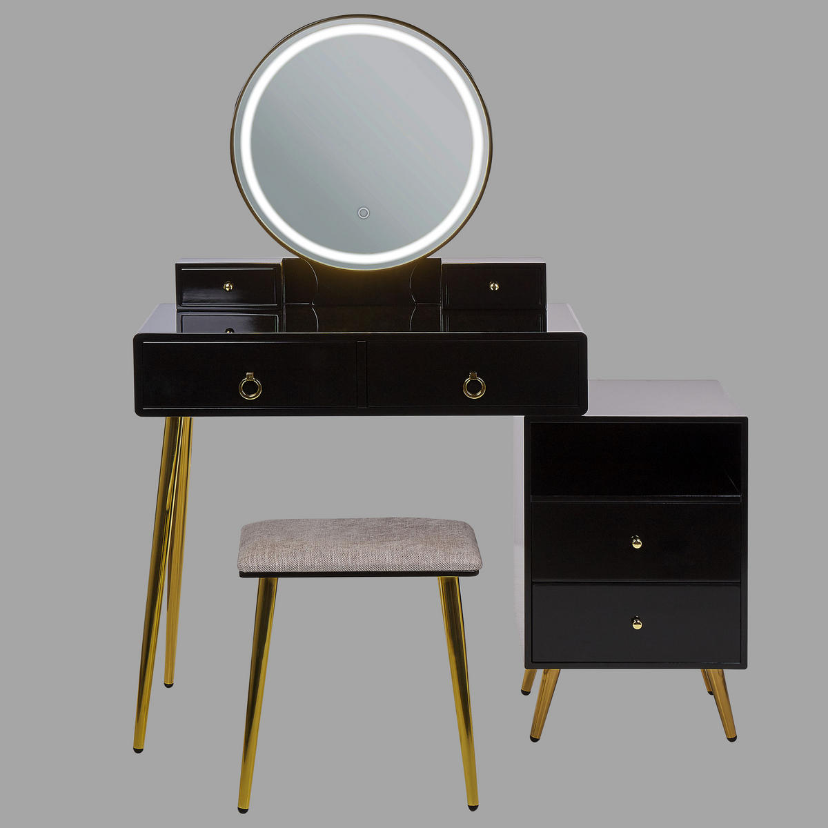 SCHMINKTISCH mit rundem LED-Spiegel Hocker 6 Schubladen schwarz/gold Yves - Goldfarben/Schwarz, Holzwerkstoff (98/133/38cm) - Beliani