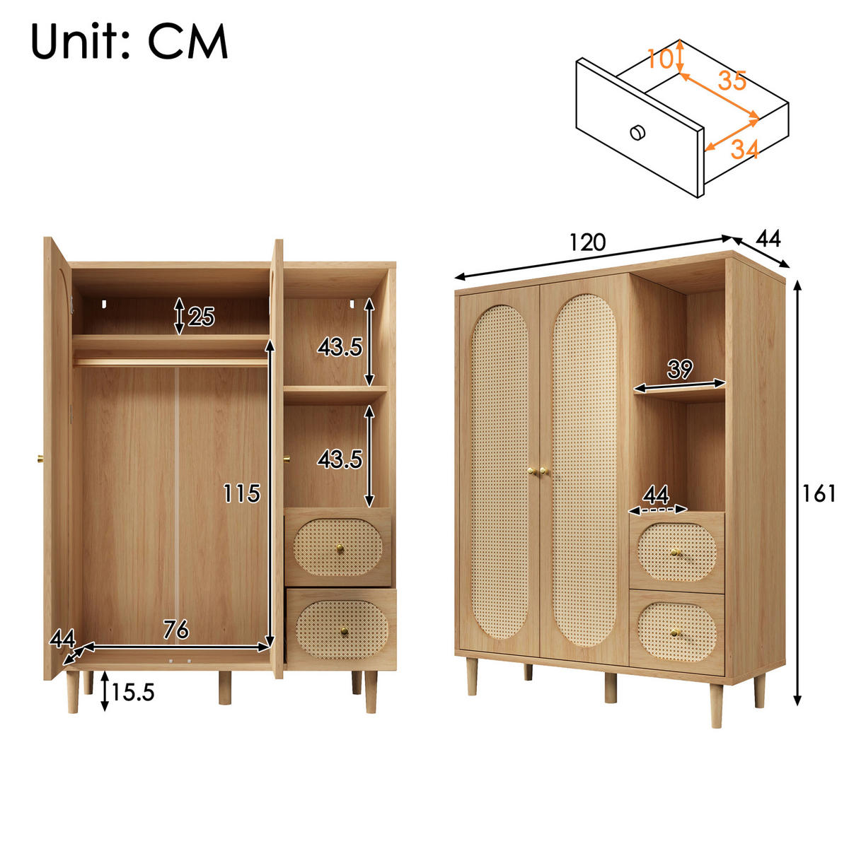 KLEIDERSCHRANK 161/120/44 cm in Eiche mit Rattanfronten und 2 Schubladen - Eichefarben, Holz (120/161/44cm) - BEAOK