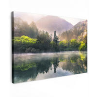 LEINWANDBILD Natur - Bäume - Berge - See - Wasser Wanddeko 90x60 cm - Hellgrün, Textil (90/60cm) - MuchoWow