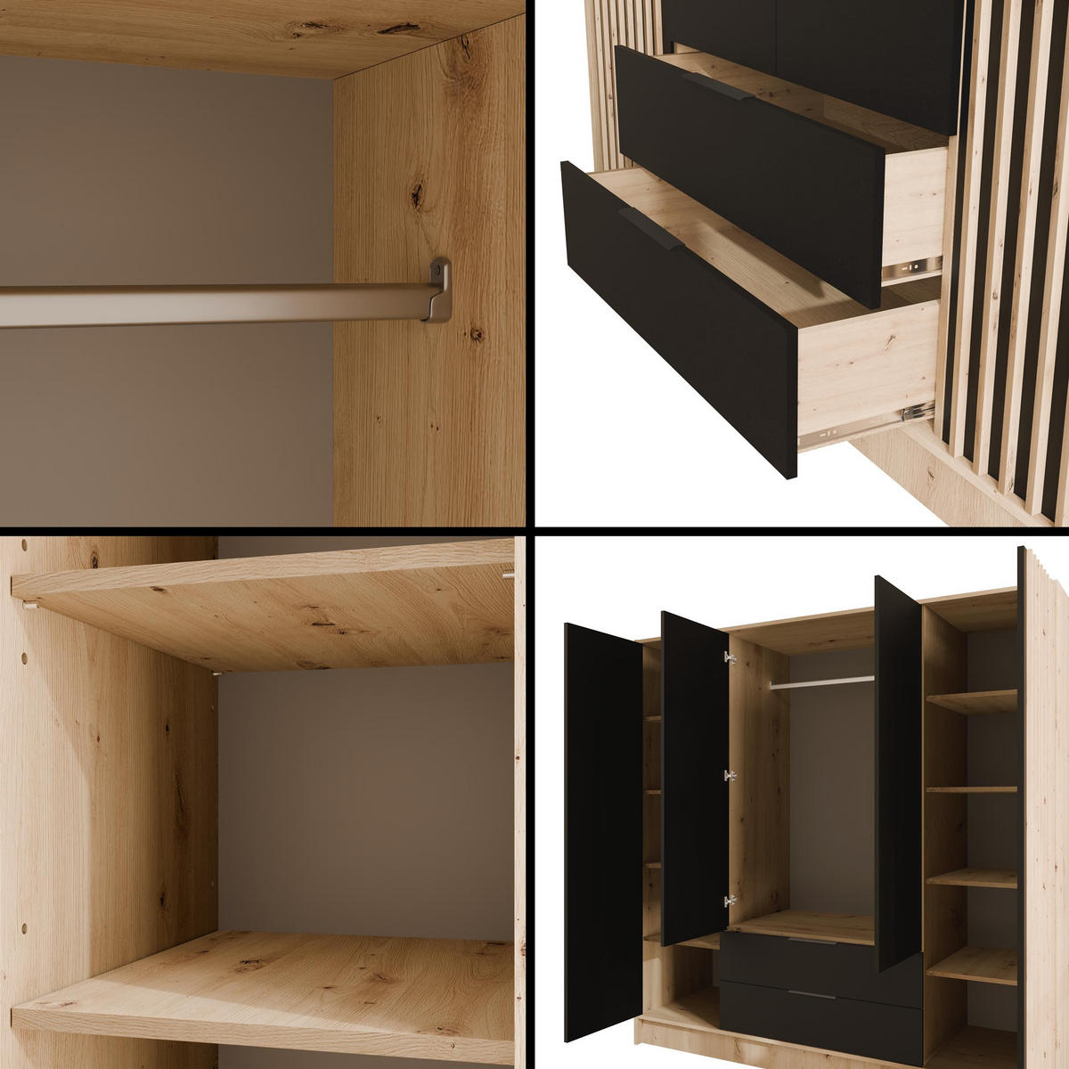 KLEIDERSCHRANK NELIA - 200 cm - Schwarz/Eiche Artisan, Holzwerkstoff (200/200/51cm) - ALTDECOR