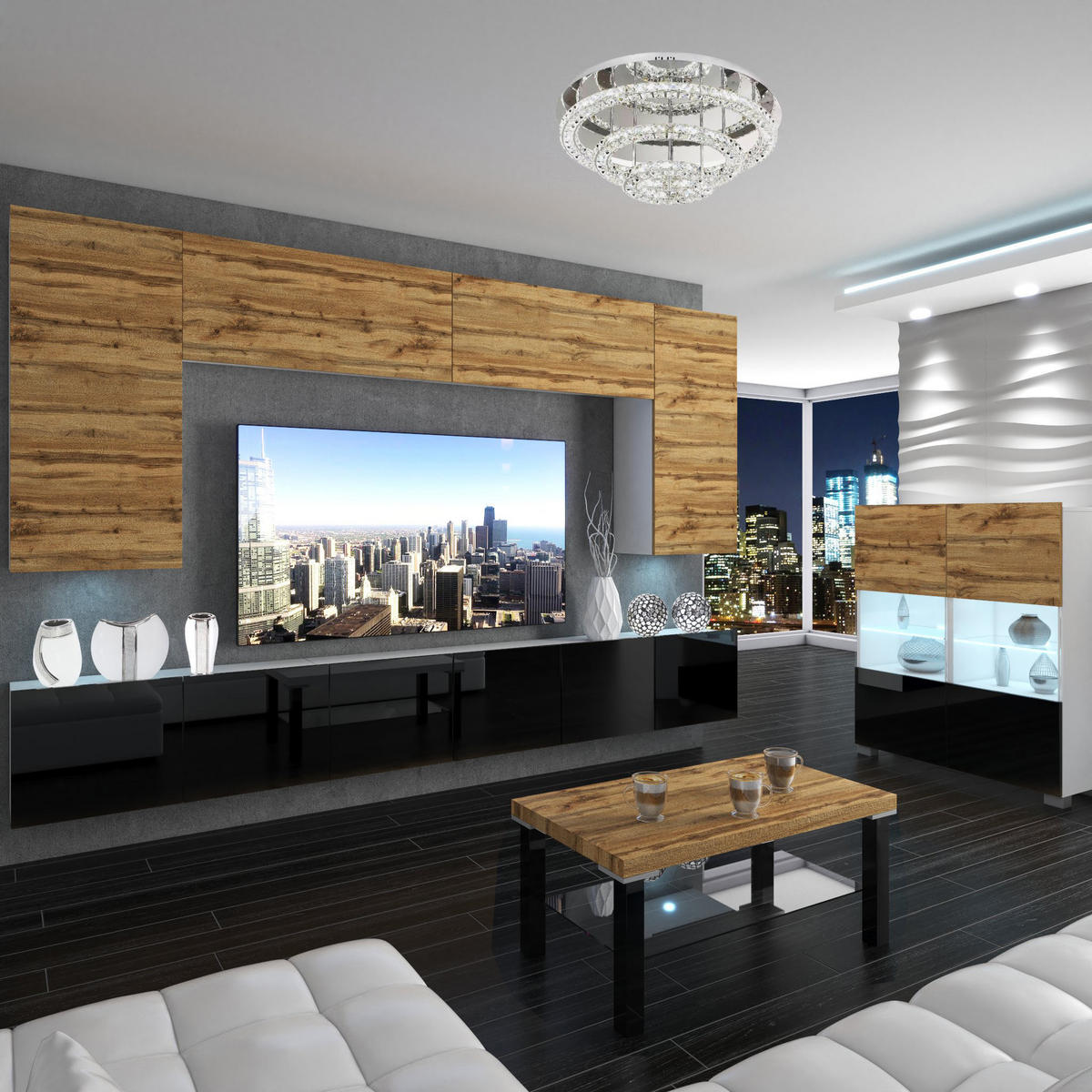 WOHNZIMMERWAND Schrankwand mit LED Wotan Eiche Top / Schwarz - Eiche Wotan/Schwarz, Holz (300/180/36cm) - B BELINI GROUP