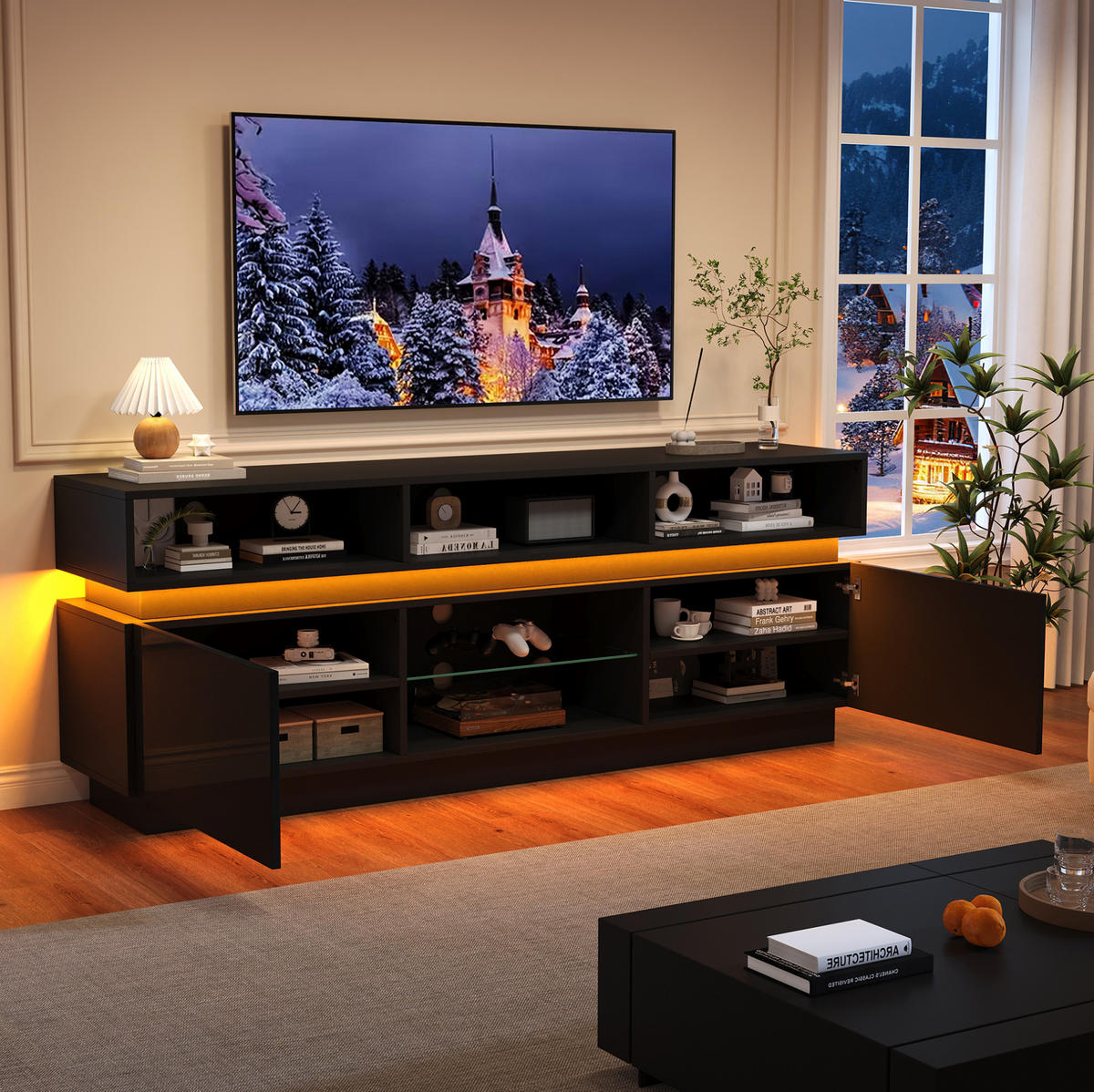TV-ELEMENT mit LED 160 x 35 x 60 cm MDF Schwarz - Schwarz, Holzwerkstoff (35/60/160cm) - Beauniv