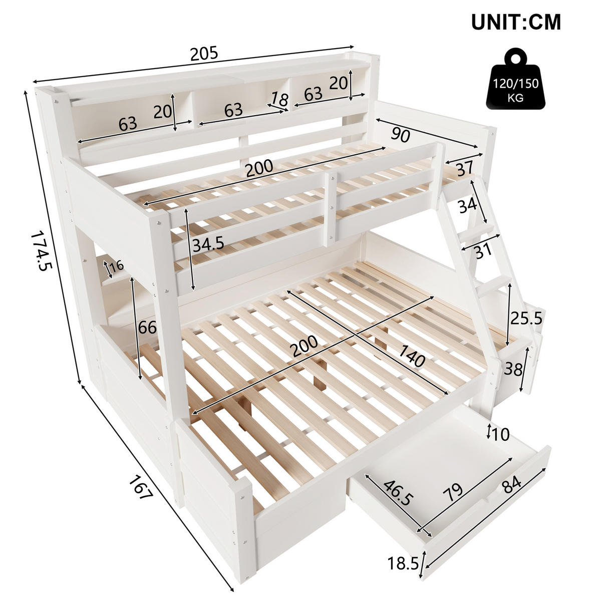 ETAGENBETT Etagenbett mit Schublade Weiß - Weiß, Holz (90/200cm) - ComfortXL