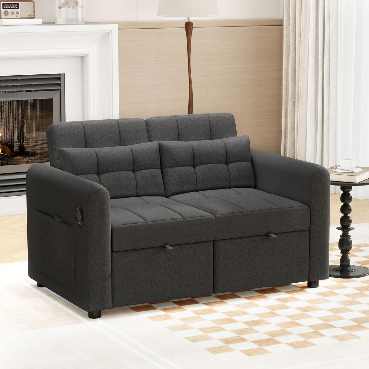 SCHLAFSOFA 3-in-1 mit USB, Armlehnentaschen und Kissen - Grau, Textil (142/83/85cm)