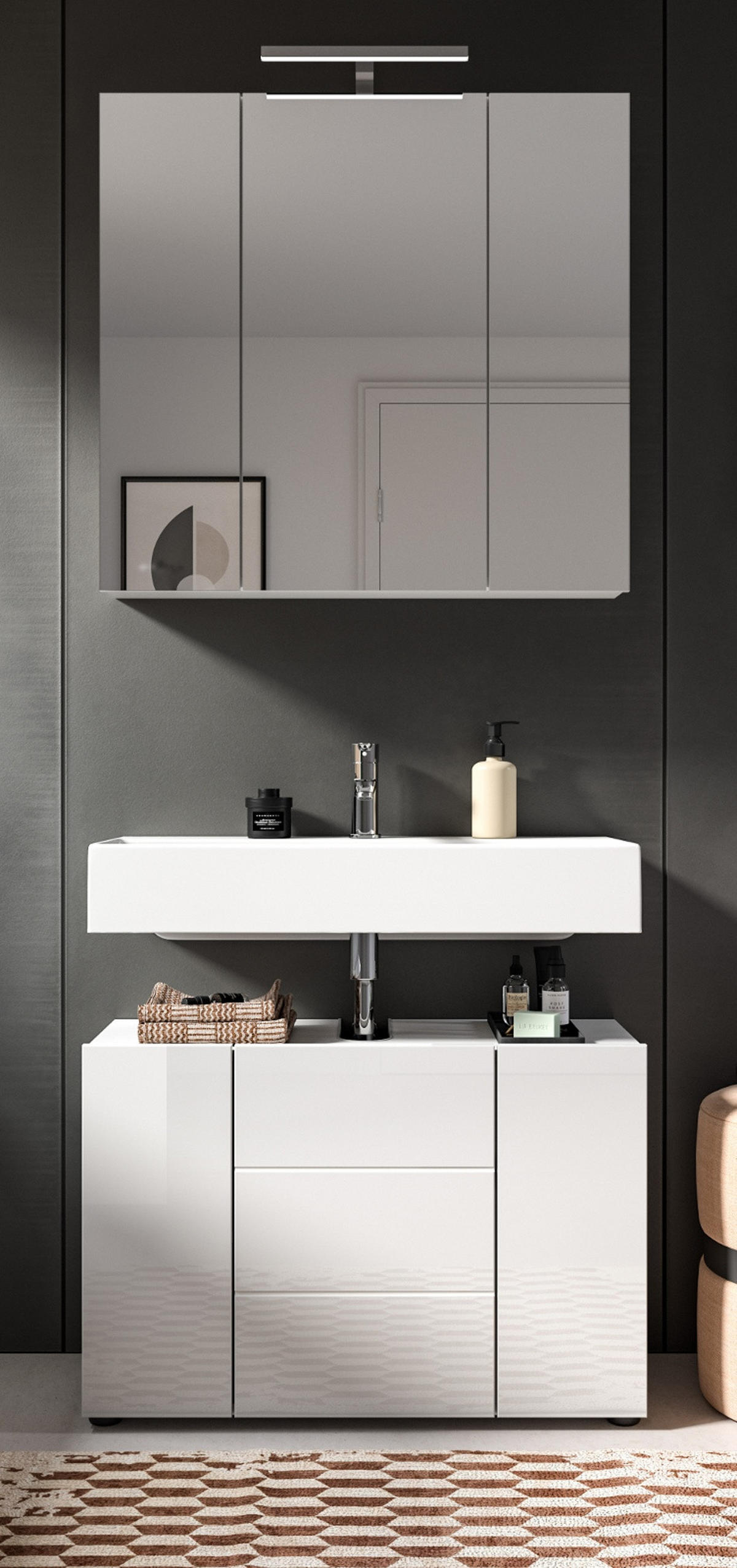 BADMÖBEL-SET 2-teilig weiß Hochglanz, Badkombination 80 cm - Weiß Hochglanz, Glas/Holzwerkstoff (82/190/34cm) - Inn.Furn