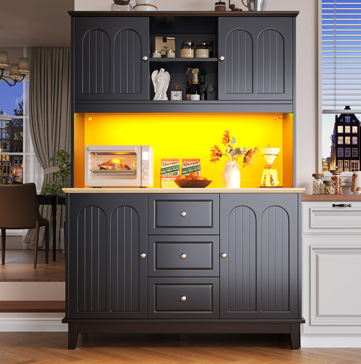 BUFFET 120/40/180 cm in Schwarz/Natur mit LED-Beleuchtung und USB-Ladefunktion - Schwarz, Holzwerkstoff (120/180/40cm) - Flora Grace
