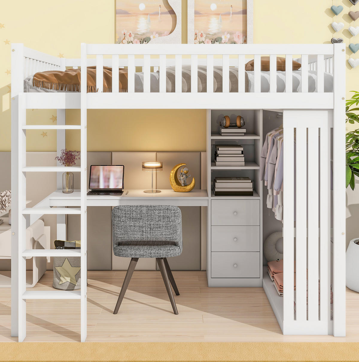 HOCHBETT 140/200 cm in Weiß – mit Schreibtisch, Kleiderschrank und Treppe - Weiß, Holz (140/200cm) - BEAOK