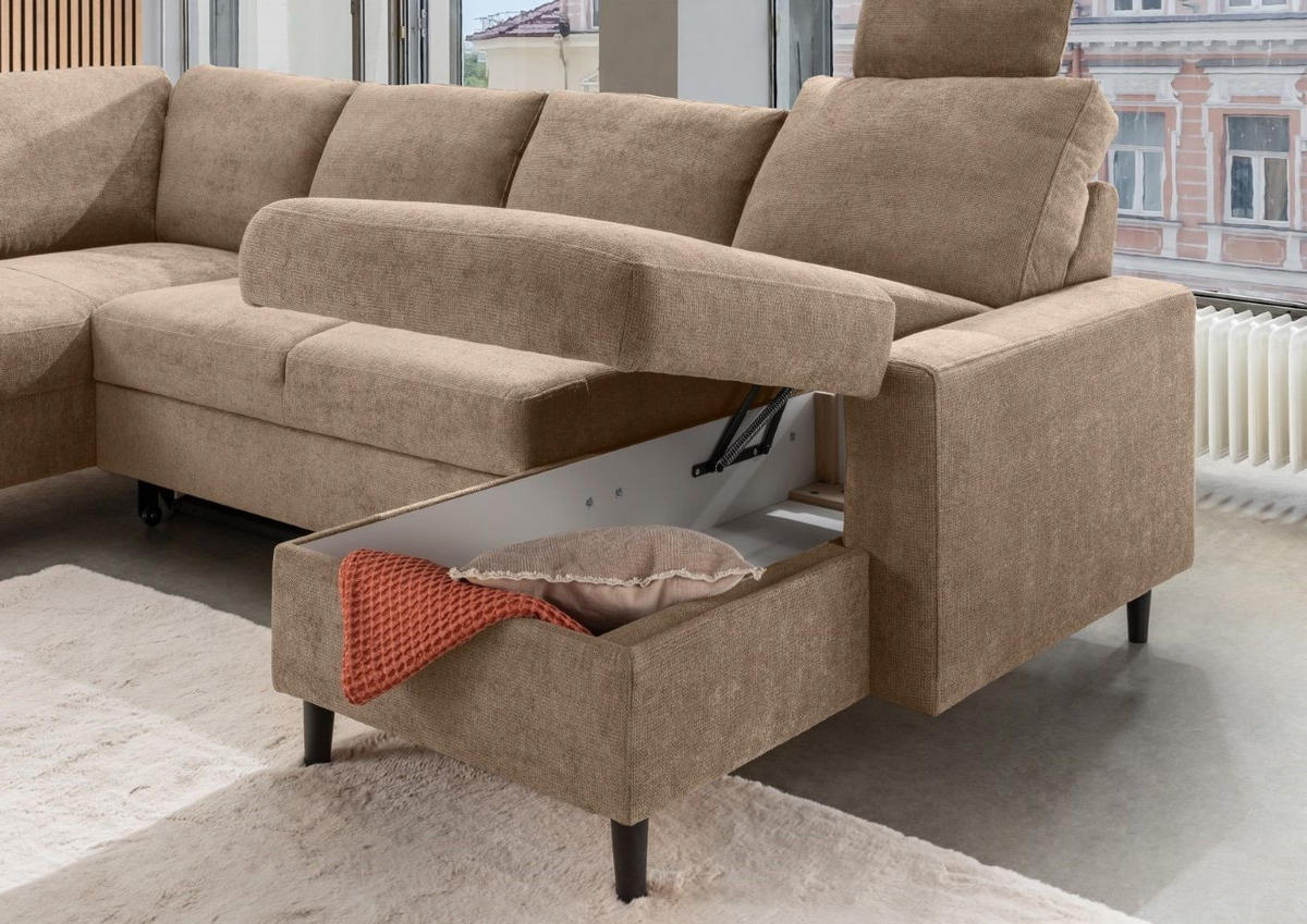 WOHNLANDSCHAFT mit Schlaffunktion und Bettkasten - Hellbraun/Erlefarben, Kunststoff/Textil (305/88/200cm) - myHomelando