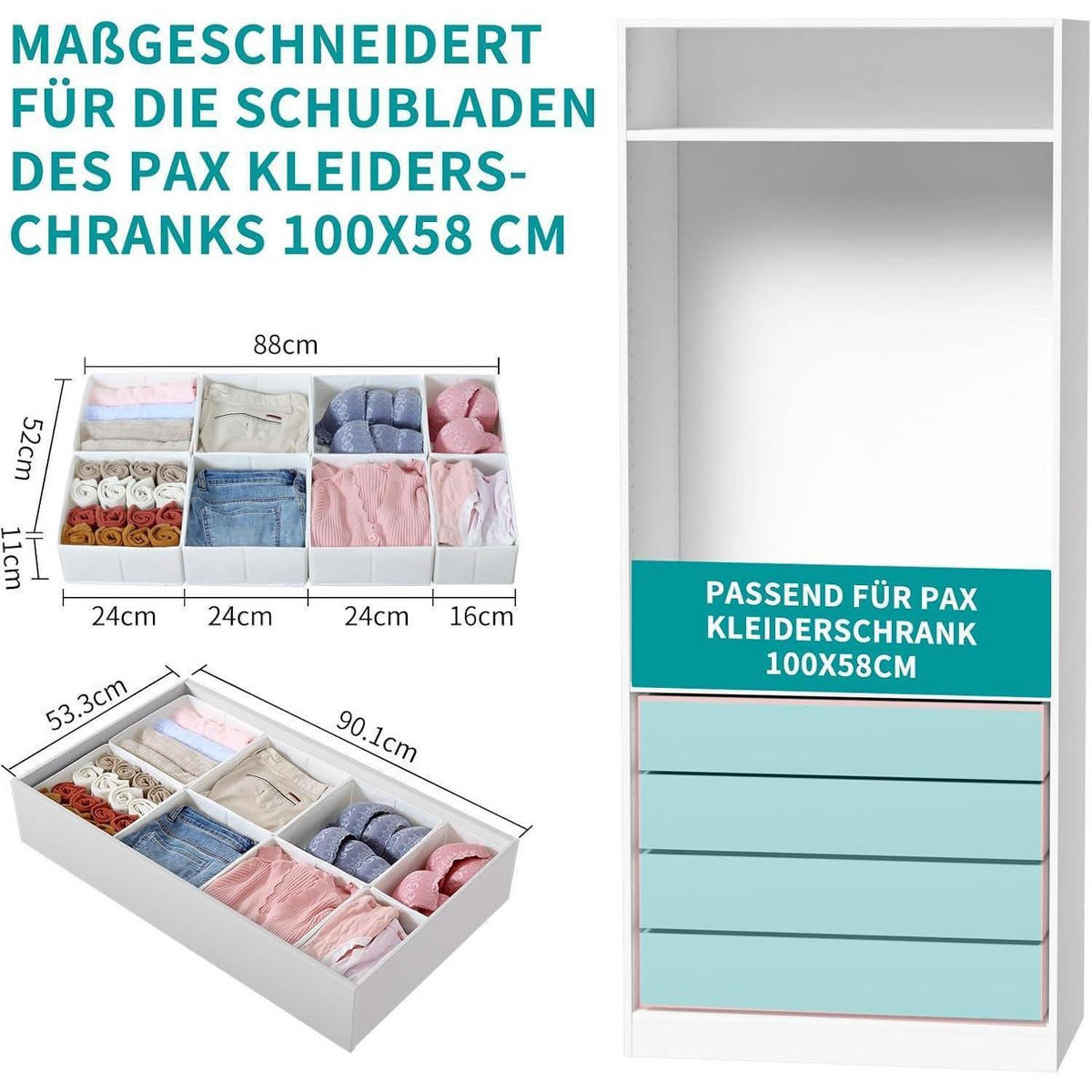 SCHUBLADEN Organizer 8er Set für PAX Kleiderschrank 100x58 cm Weiß - Multicolor, Textil (24/11/26cm)