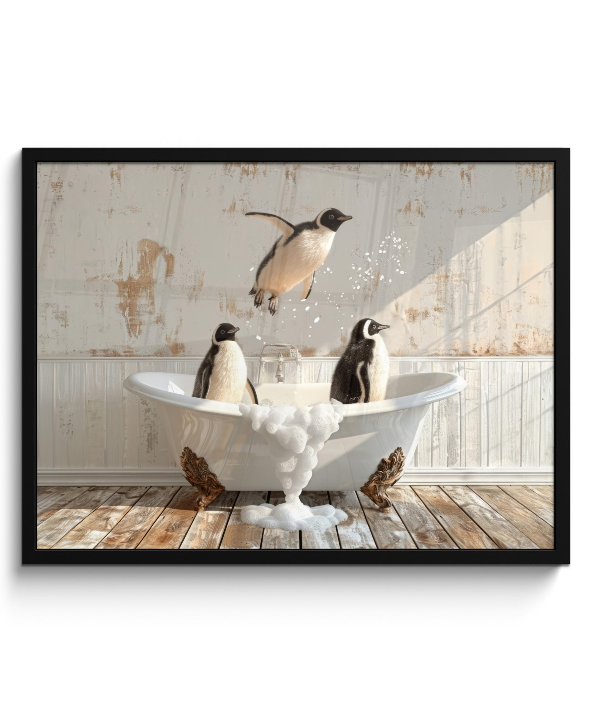POSTER MIT RAHMEN Vintage - Pinguin - Badewanne - Schaumstoff 80x60 cm - Schwarz, Papier (80/60cm) - MuchoWow