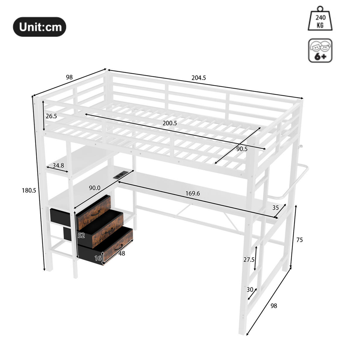 HOCHBETT mit Schreibtisch 90/200 cm in Weiß – mit Stauraum, Treppe und LED-Licht - Weiß, Metall (90/200cm) - BEAOK