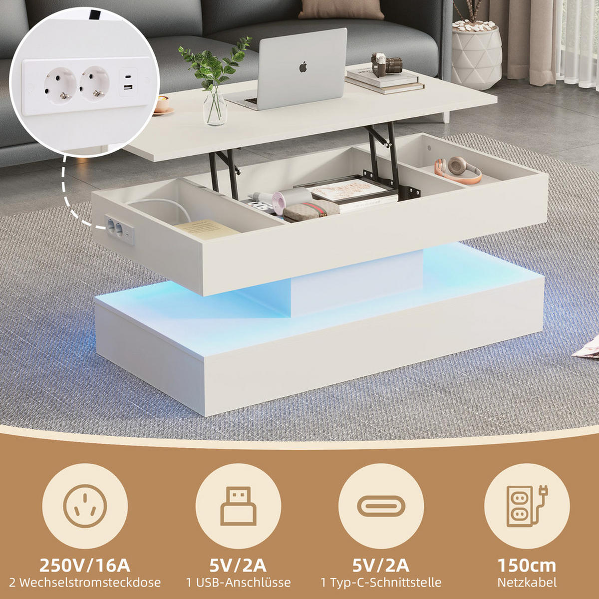 COUCHTISCH 100x50cm Modern LED Hydraulik Hub Versteckter Stauraum 50kg - Weiß, Holz (110.5/63.5/14cm) - FLIEKS
