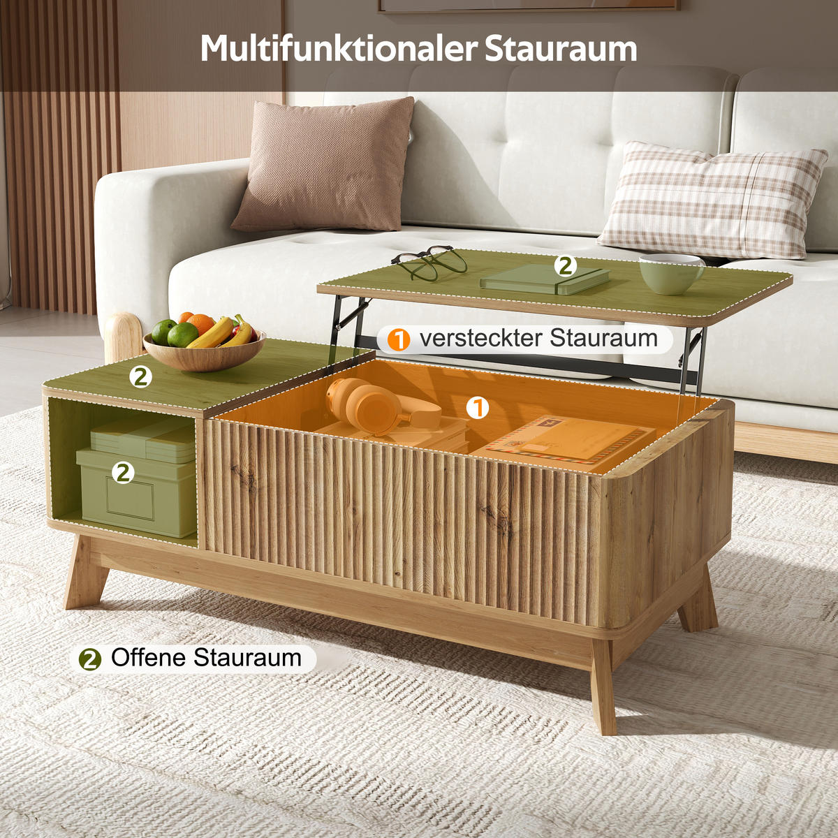 COUCHTISCH holzoptik & 3d-wellen-design mit lift-funktion & verstecktem stauraum - Naturfarben, Holzwerkstoff (48/95/50cm) - Urban Meuble