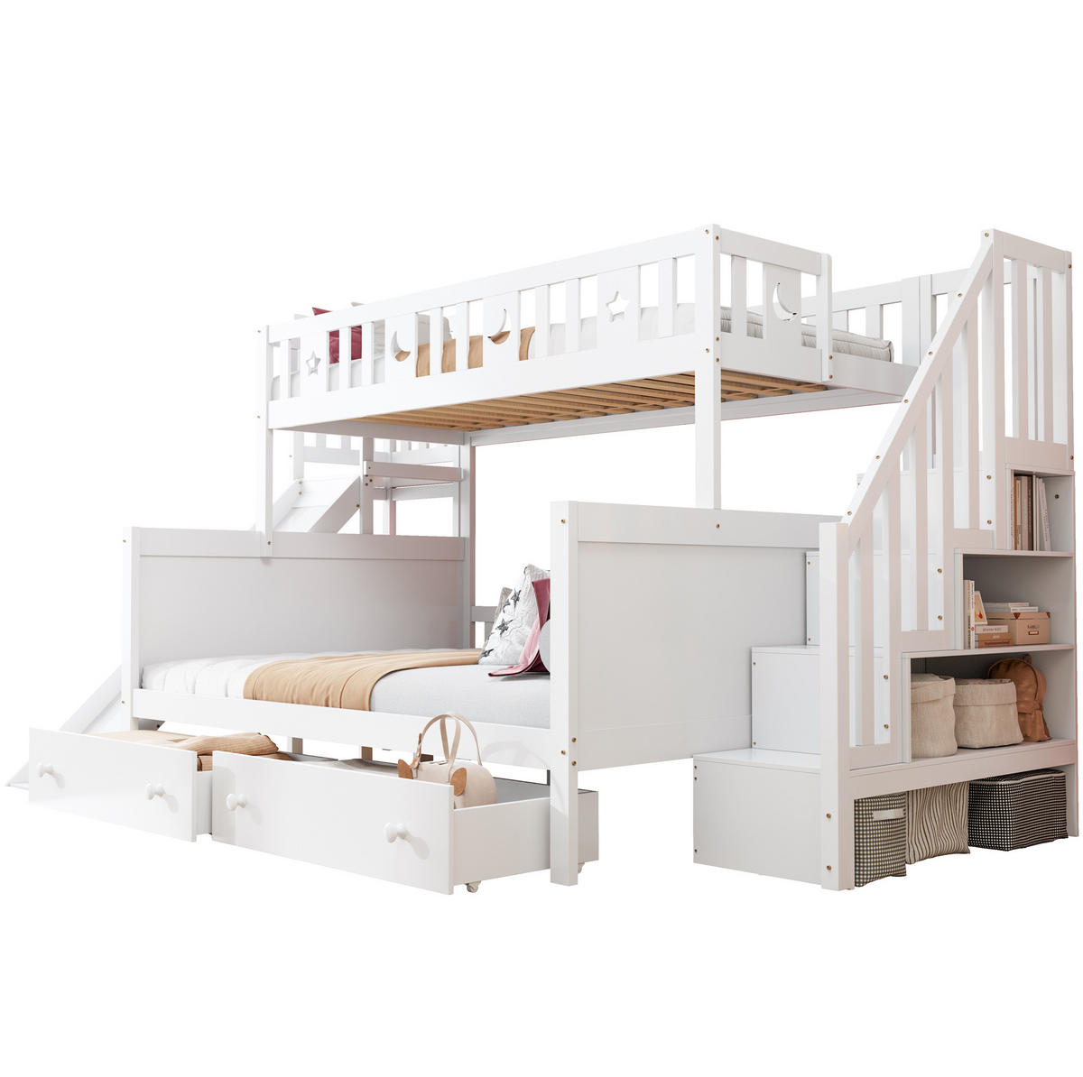ETAGENBETT 90/200 und 140/200 cm in Weiß mit Rutsche, Leiter und Schubladen - Weiß, Holz (90/140cm) - Flora Grace
