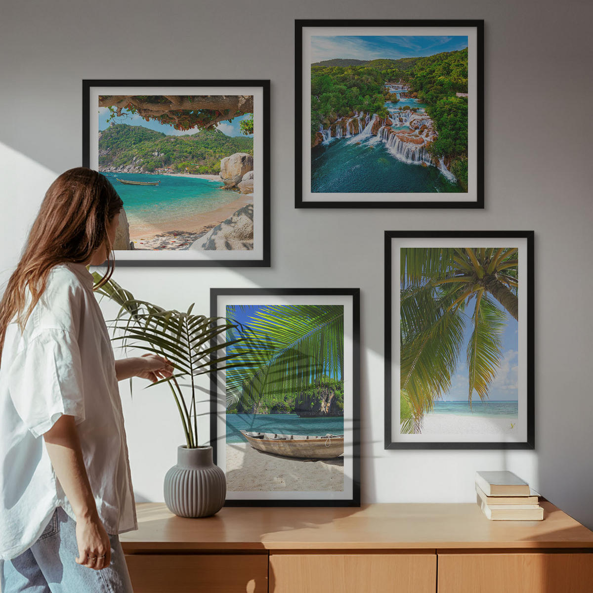 WANDBILDER 4er-Set - 50x50 cm & 40x60 cm Schwarzer Rahmen - Strand, Boot, Wasserfälle, Palmen - Schwarz, Kunststoff (50/50cm) - ArtPrintCave