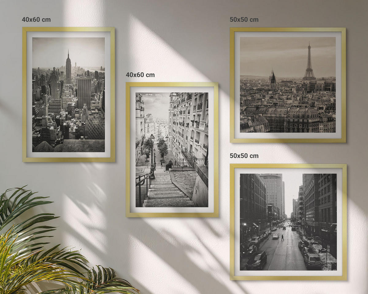 BILDER SET 4er Set - 50x50 cm & 40x60 cm Goldrahmen - Aussicht Paris New York Treppen - Goldfarben, Kunststoff (50/50cm) - TULUP
