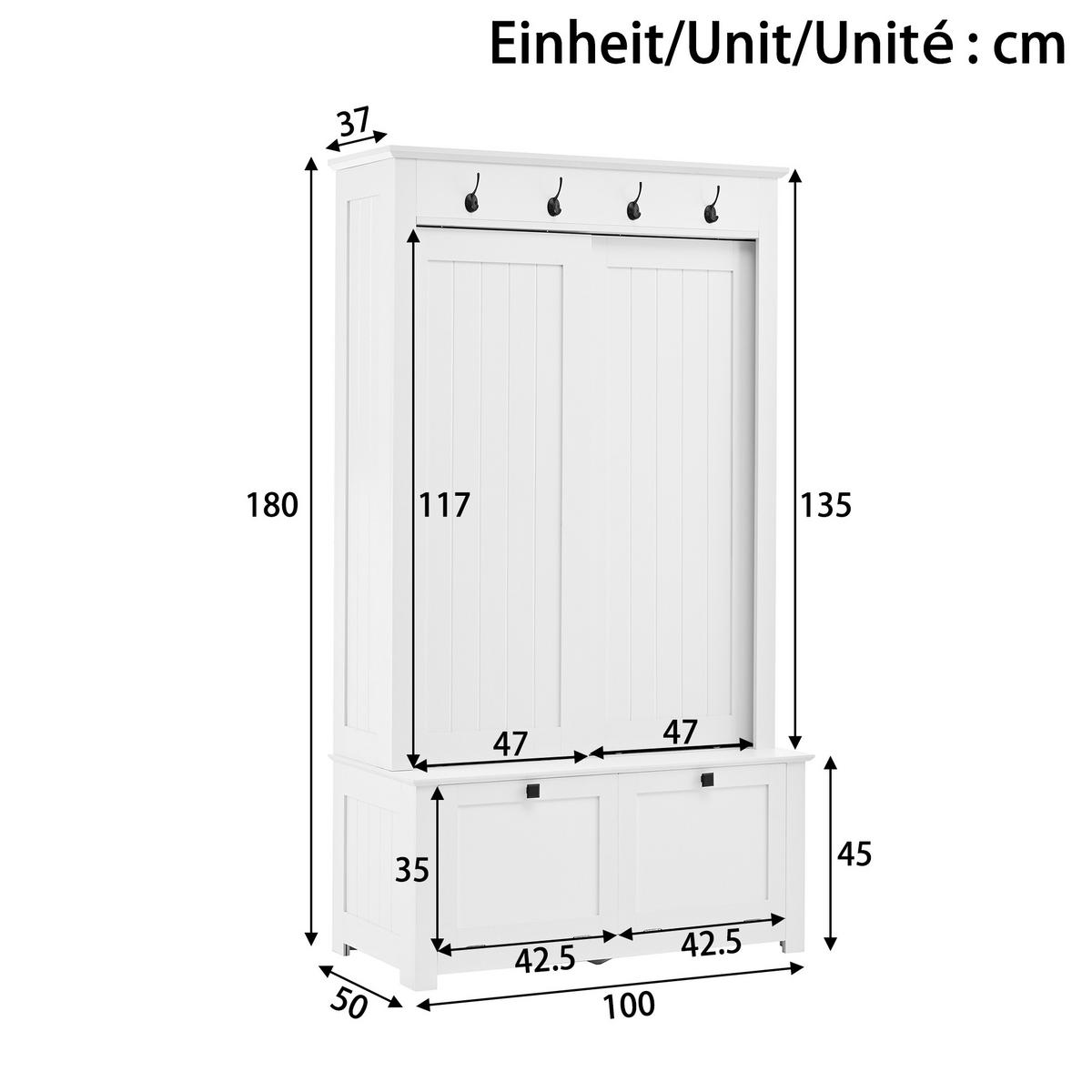SCHUHSCHRANK aus MDF 100x50x180cm in Weiß mit Schiebetüren & Haken - Weiß, Holzwerkstoff (100/180/50cm) - Modfu
