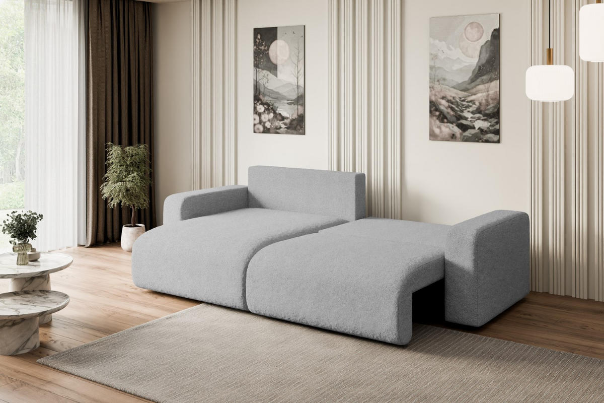 ECKSOFA mit Schlaffunktion und Bettkasten KLEEA-L - 247x143x83 cm Hellgrau Bouclé - Hellgrau/Schwarz, Holzwerkstoff/Kunststoff (247/143cm) - ALTDECOR