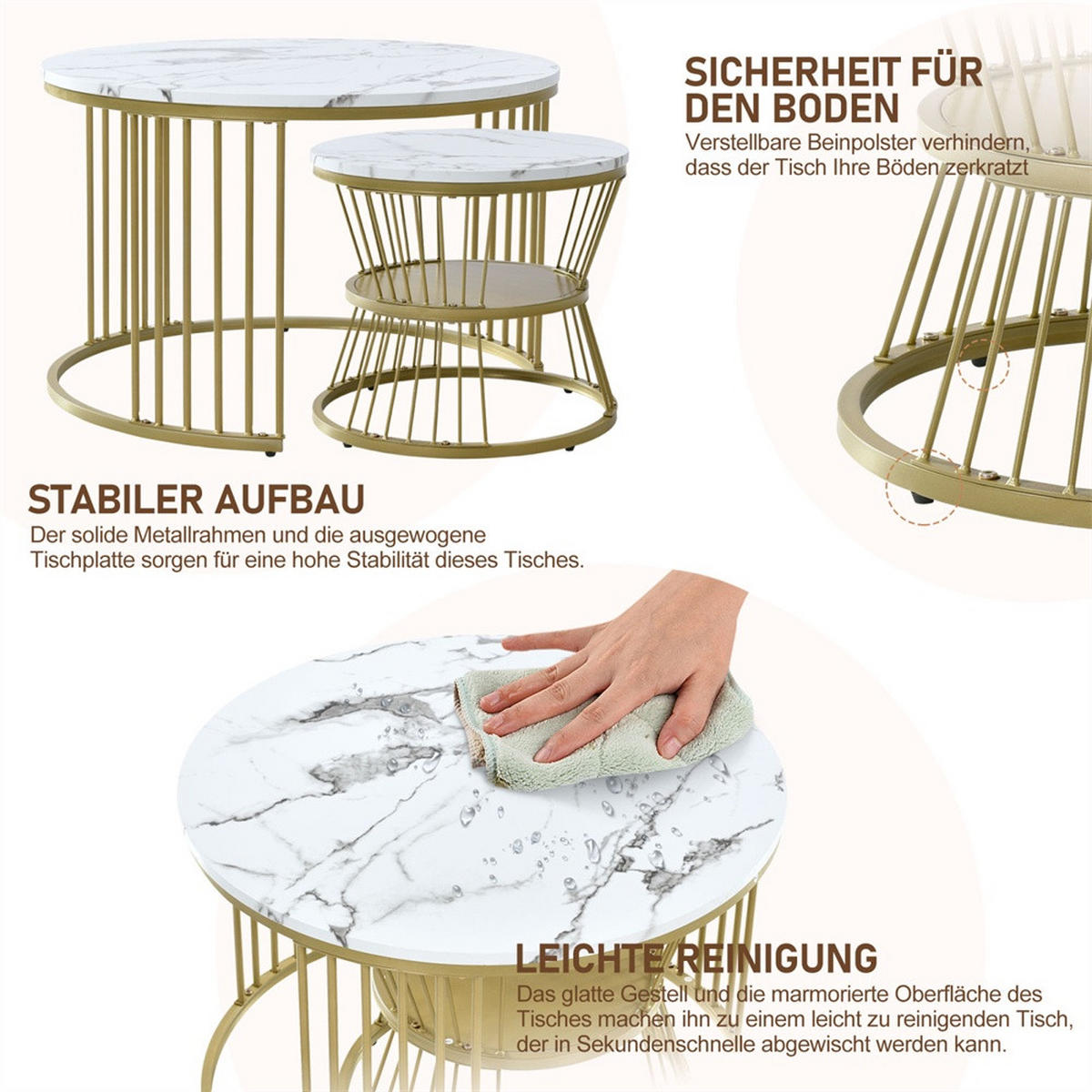 COUCHTISCH 2er Set - Runder Couchtisch 70 cm & 45 cm - Ineinander Schiebbar Marmoroptik - Gold & Weiß - Weiß, Holzwerkstoff (70/70/45.5cm) - DELFA
