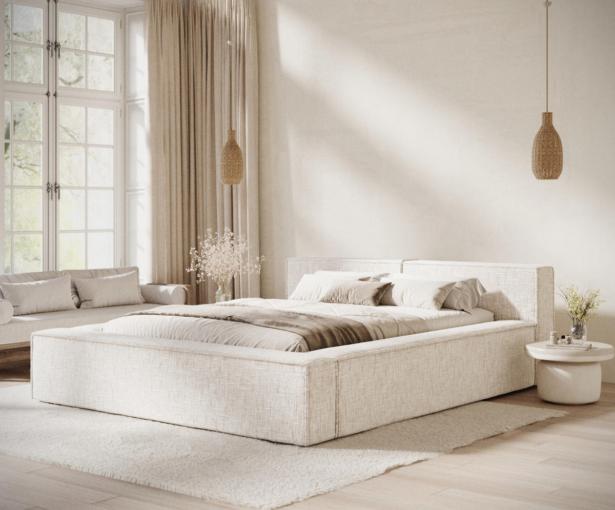 POLSTERBETT Voliera Creme 200/200 cm im Webstoff - Birkefarben/Creme, Holz/Holzwerkstoff (200/200cm) - Maison de Reve