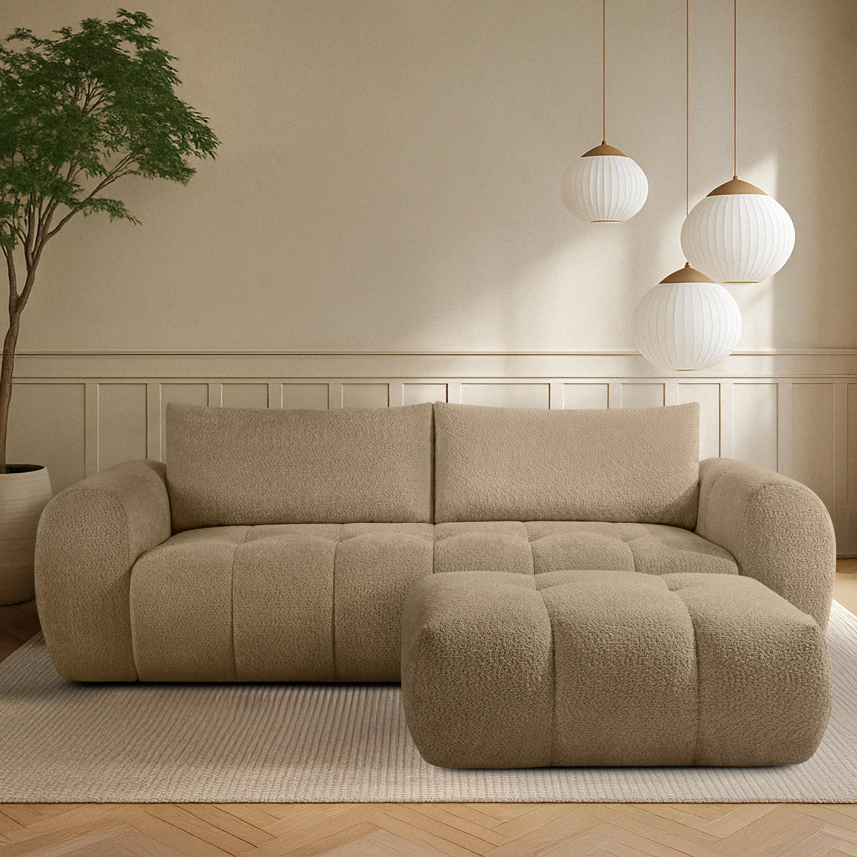 SOFA LIRA mit Pouf, Beige, Bouclé - Beige, Holz/Holzwerkstoff (96/43/50cm) - KONSIMO®
