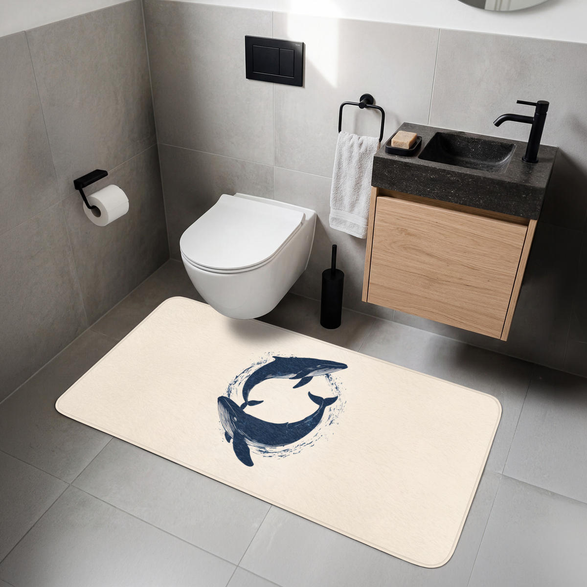 WC PŘEDLOŽKA Velryby - Stříkance - Kruh - Tmavě modrá 120x60 cm - tmavě modrá, textil/plast (120/1cm) - OnlyWow