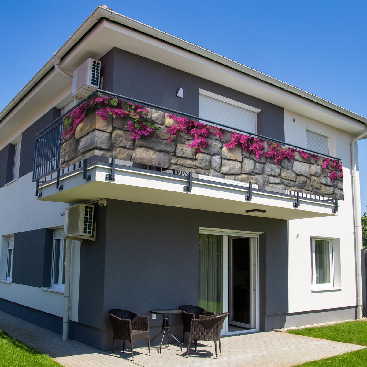 BALKON-SICHTSCHUTZ Bougainvillea - Steinmauer - Rosa - Magenta, Kunststoff (500/90cm) - MuchoWow