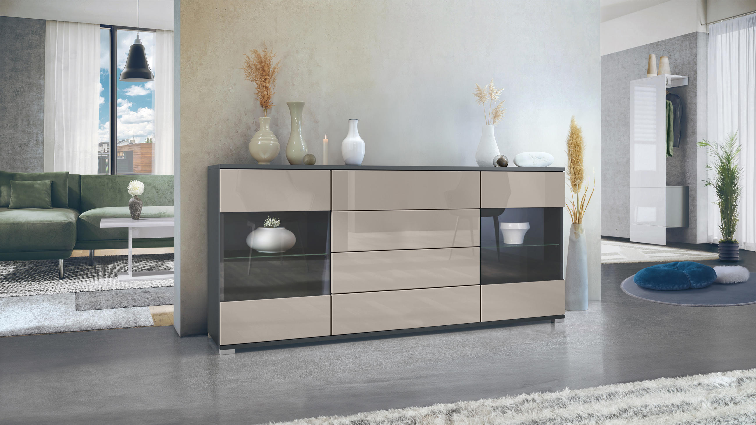 SIDEBOARD Bari Sandgrau Hochglanz - Sandfarben, Holzwerkstoff (166.5/75.5/35cm) - Vladon