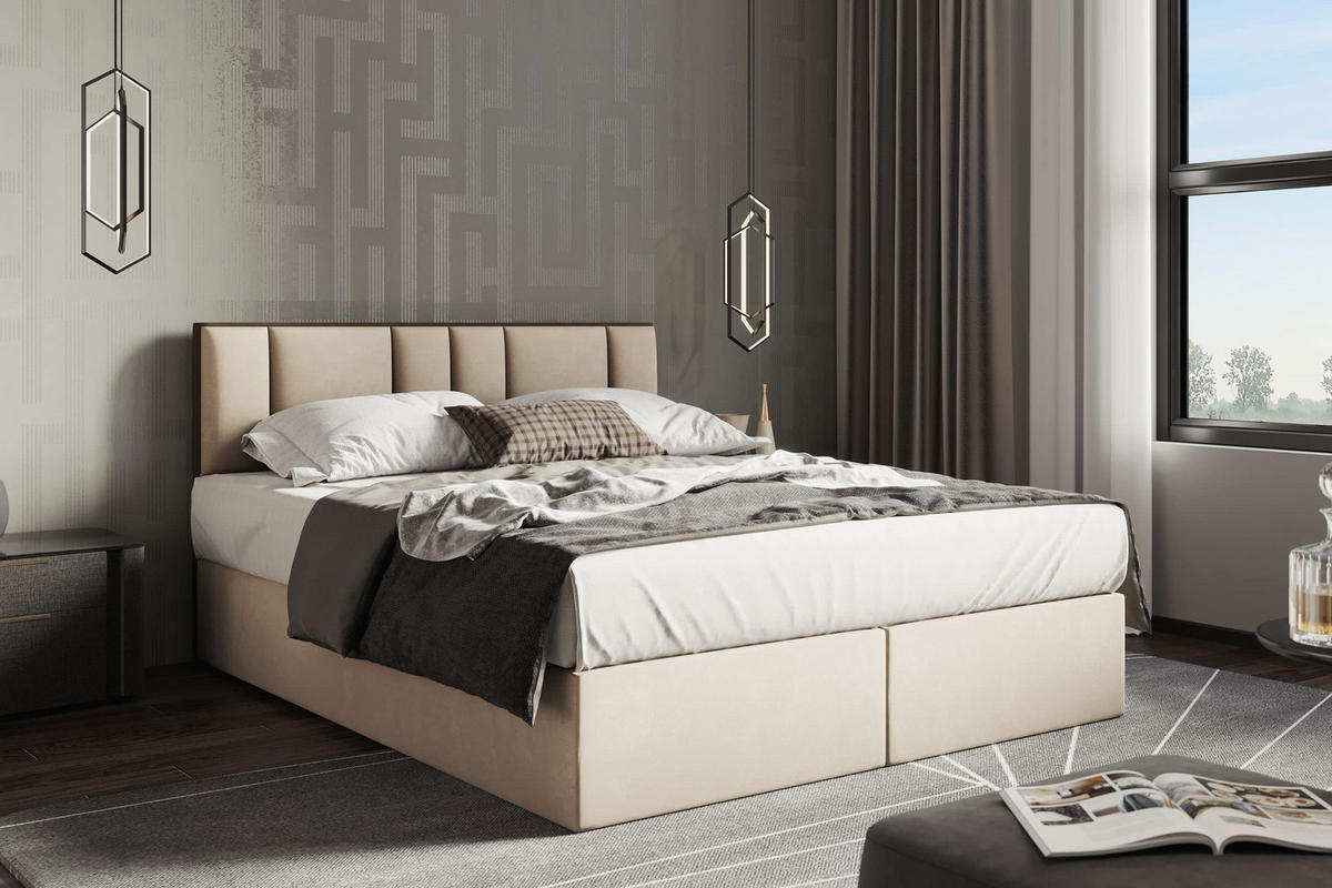 BOXBETT 160 x 200 cm mit H3 Taschenmatratze TRAPANI, Topper 5 cm und Bettkasten, Hellbeige - Beige, Holz/Textil (160/200cm) - Trada
