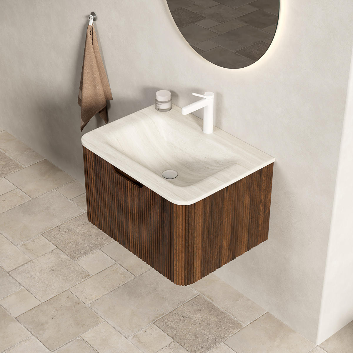 WASCHTISCHKOMBI mit gesintertem Steinbecken 60x46x37.5cm Beige & Nussbaum, LED-Soft-Close - Walnussfarben, Stein (46/37.5/60cm) - Modfu