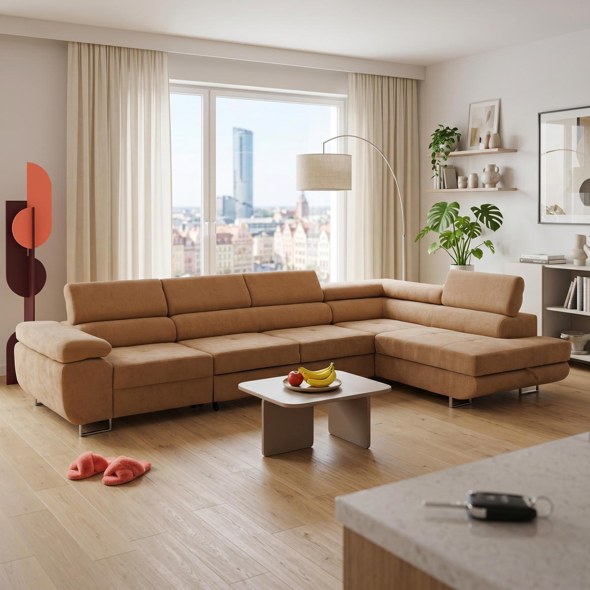 ECKSOFA WILD MAXI L Rechts mit Schlaffunktion 125x195 Chenille Braun - Chromfarben/Braun, Holz/Textil (350/203cm) - Muffo