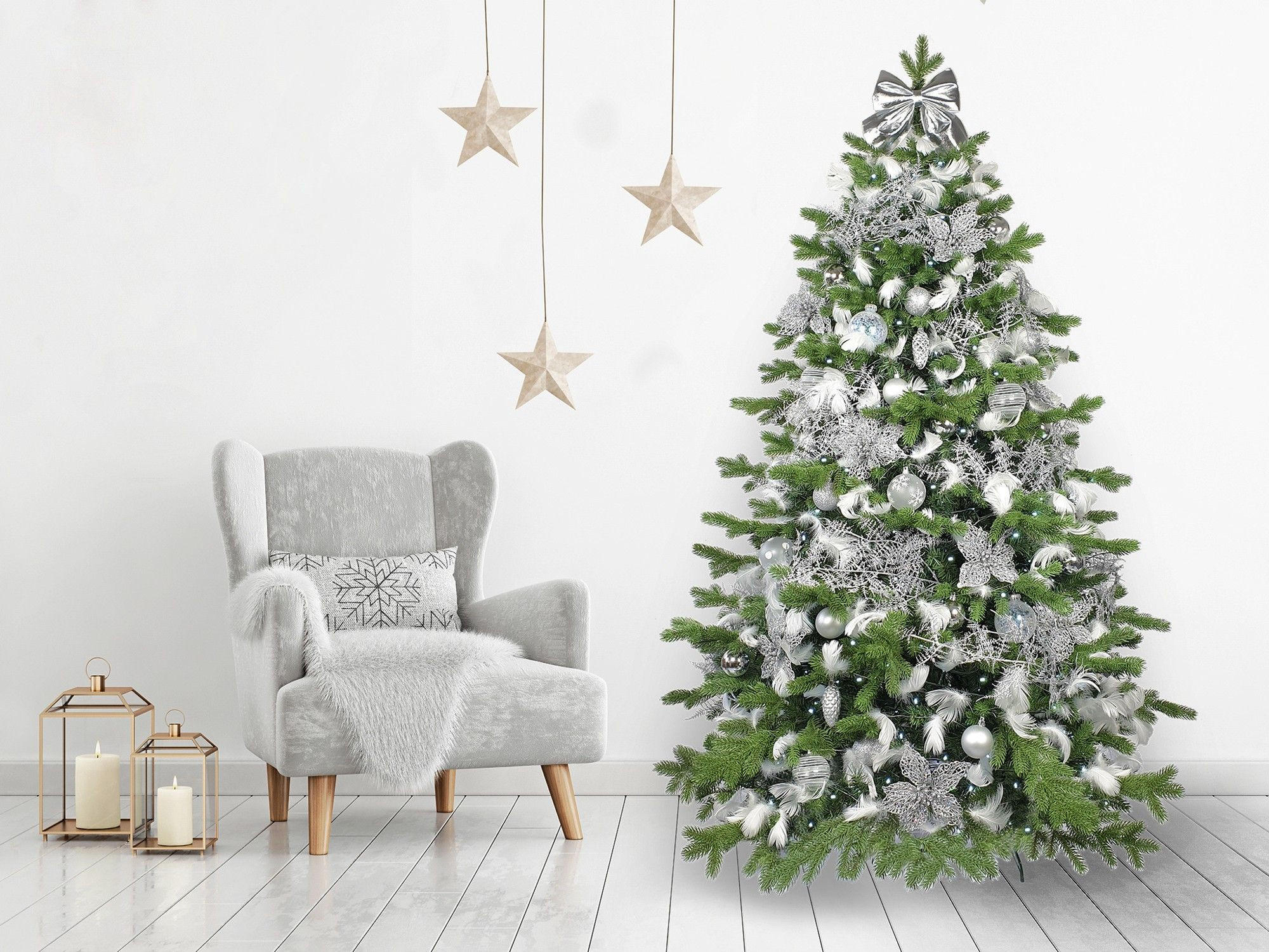 LAALU WEIHNACHTSBAUM geschmückt künstlich mit 93 Stk Kugeln KING OF WINTER 180 cm mit Metallständer - Silberfarben/Weiß, Kunststoff (180cm) - LAALU