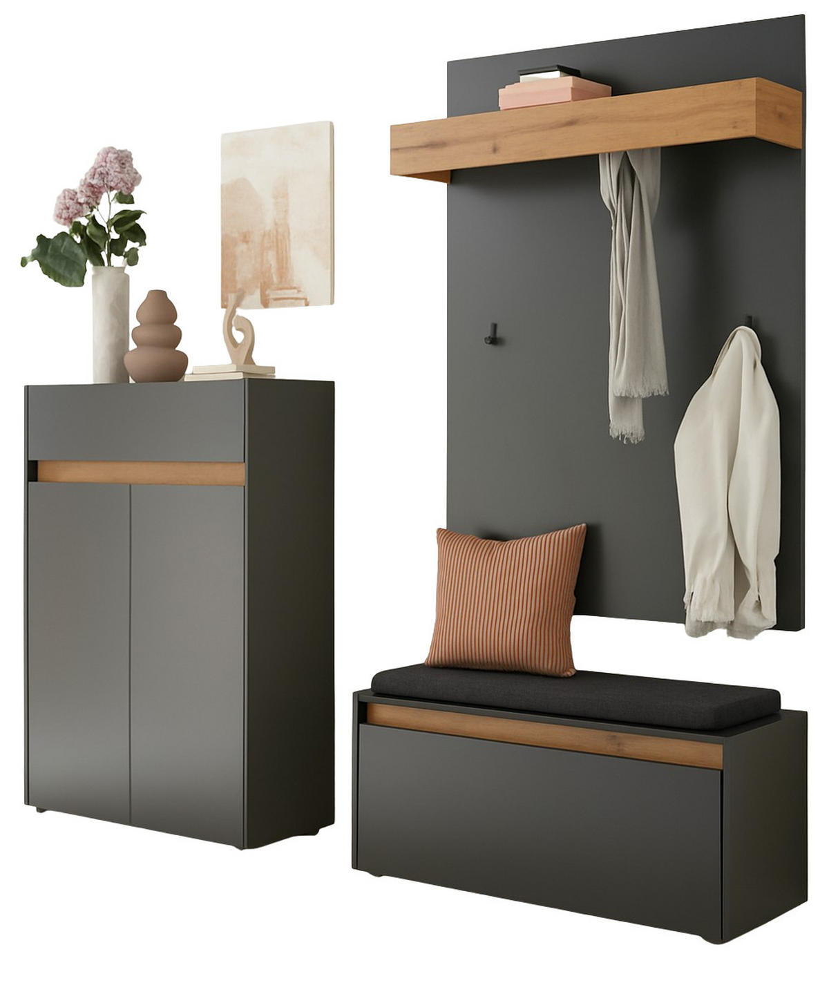 GARDEROBEN-SET grau matt, Eiche Wotan 4-teilig 195 cm, Sitzbank inklusive Sitzkissen - Eiche Wotan/Schwarz, Holzwerkstoff/Kunststoff (195/200/40cm) - Furn.Design