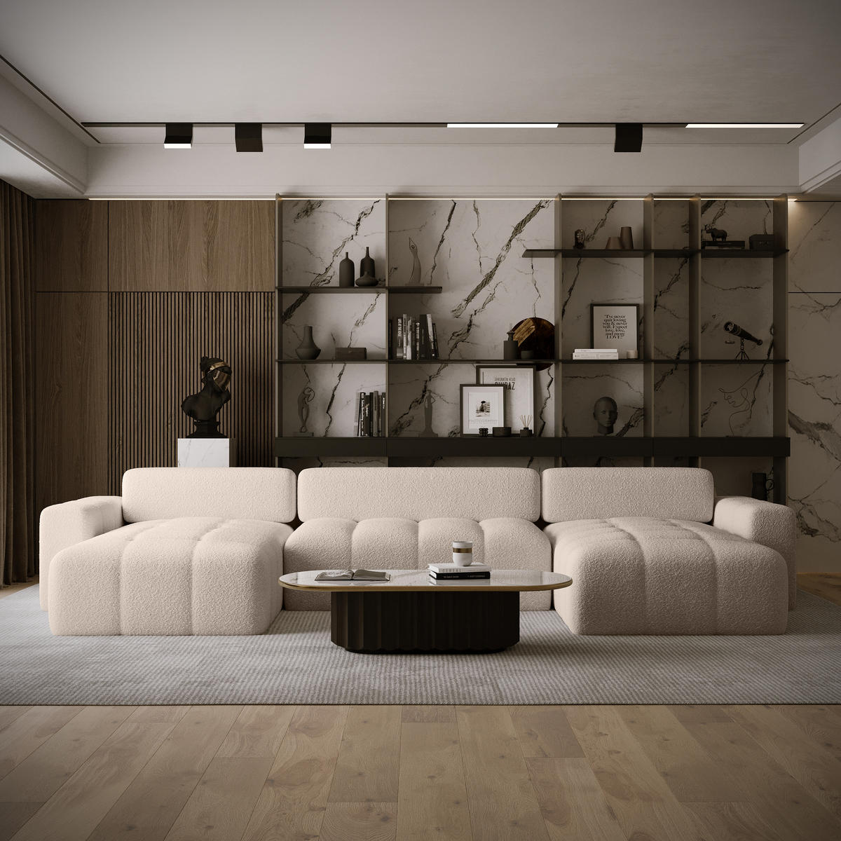 ECKSOFA Bouclé-Stoff 10 Sitzer Bornum U, Beige - Beige, Textil (386/70/155cm) - Meblito