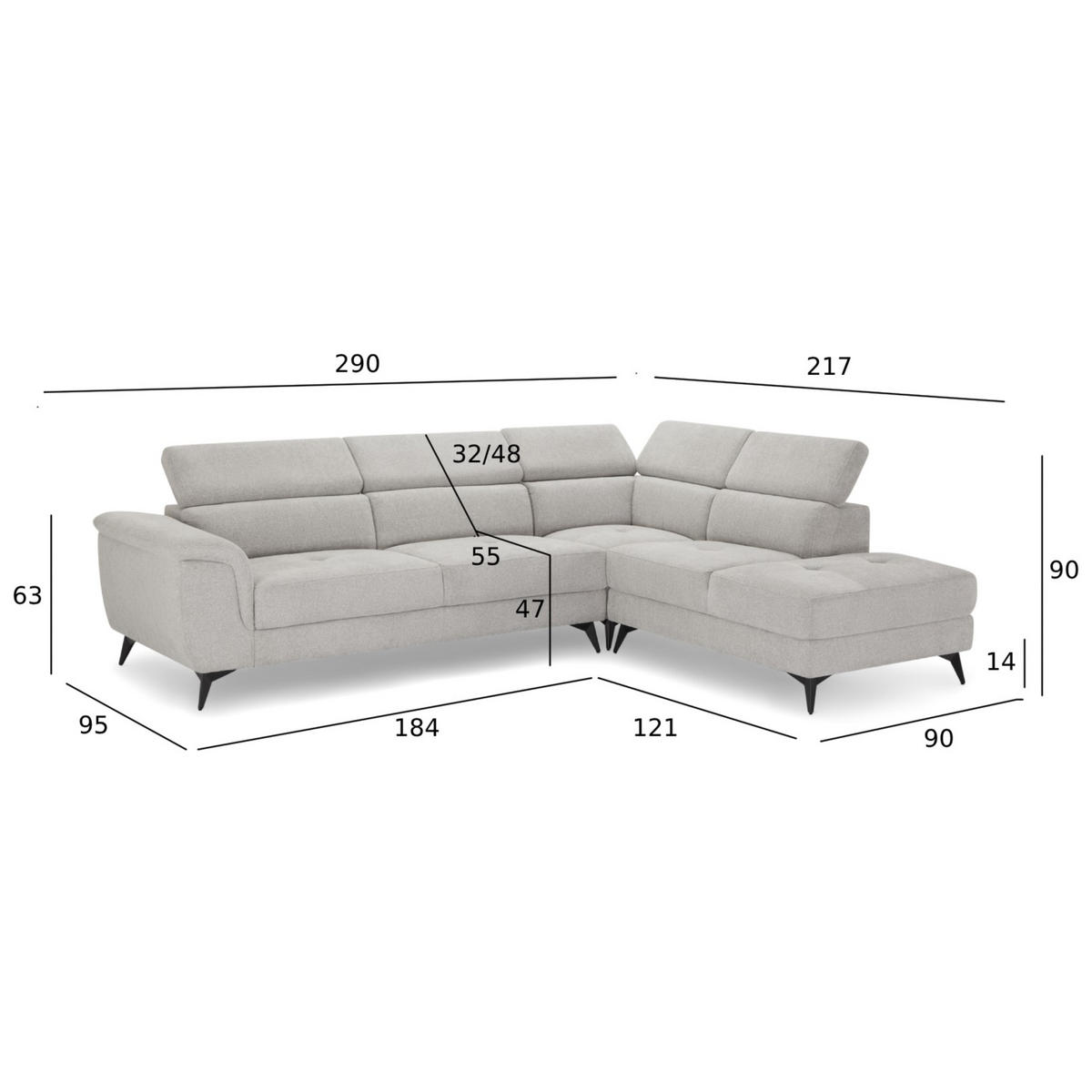 ECKSOFA Webstoff Grau - Schwarz/Grau, Textil/Metall (290/95cm) - Furnhouse
