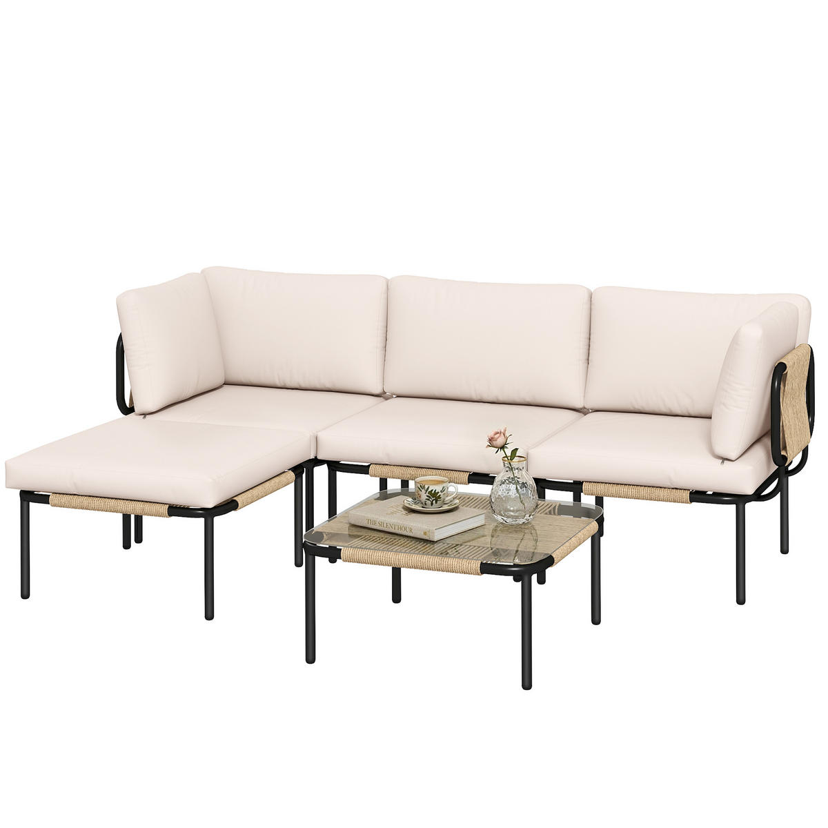 GARTENMÖBEL-SET 5-teilig DE-06783 mit Glastisch & Hocker - Taupe, Kunststoff/Metall - ComfortXL