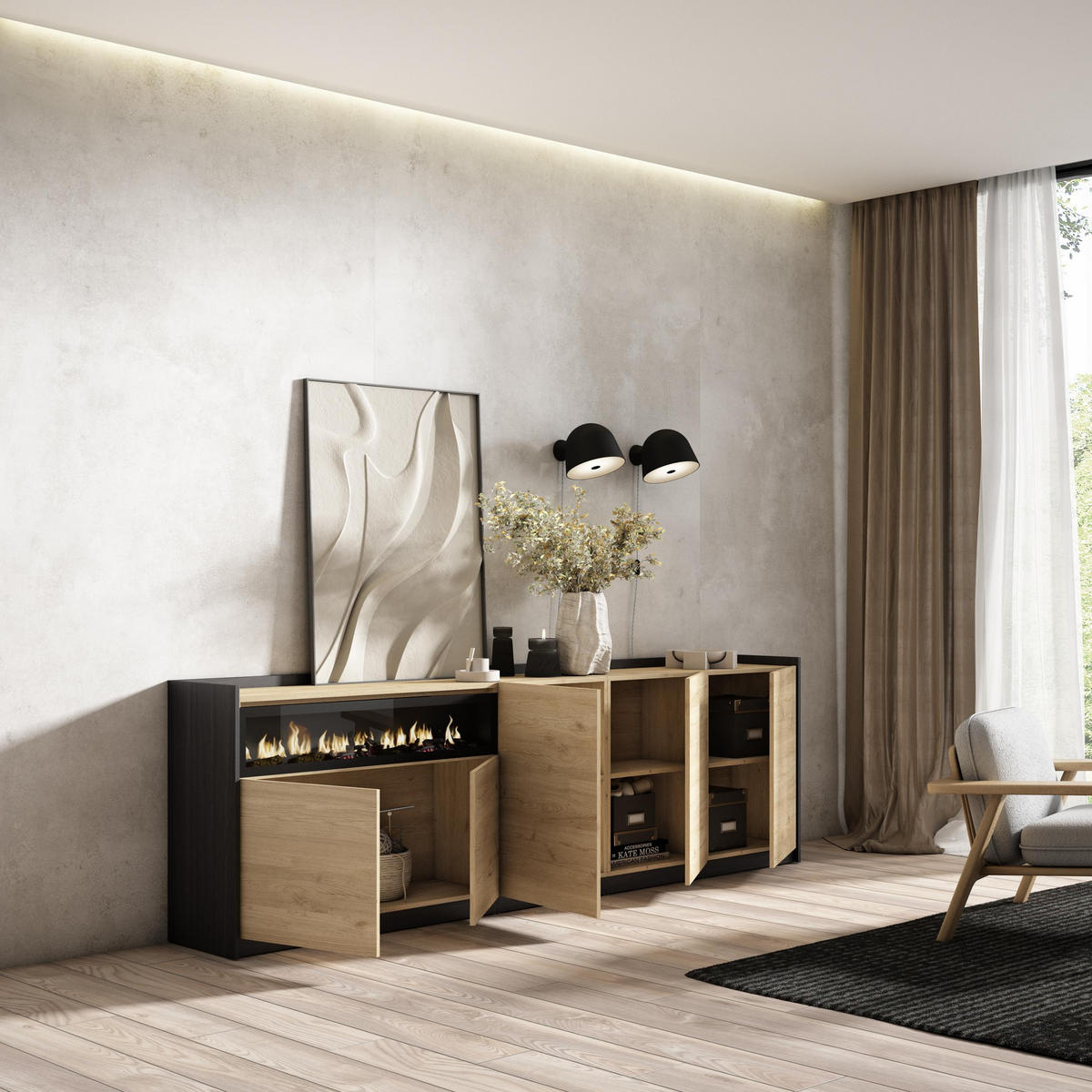 SIDEBOARD, Highboard, Eiche Schwarz, Elektrokamin, 260/37/80cm - Eichefarben, Holzwerkstoff (260/80/37cm) - Skraut Home