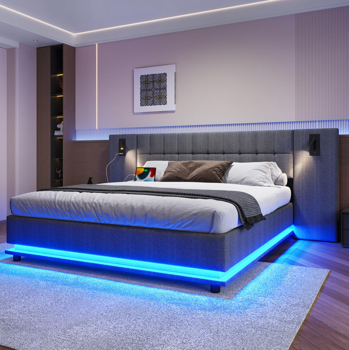 POLSTERBETT 180/200 cm Grau aus Leinen mit LED-Beleuchtung und USB-Anschluss - Grau, Textil (180/200cm) - Flora Grace