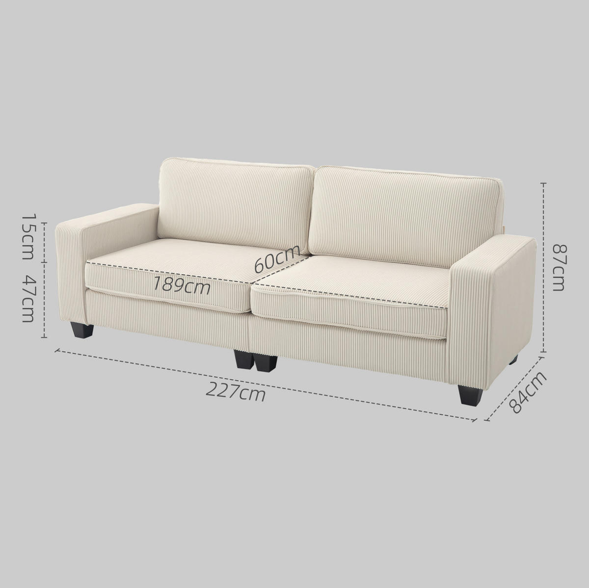 3-SITZER-SOFA 227/84/87 cm mit Federkern, Cordbezug und gepolsterten Armlehnen, Cremeweiß - Weiß, Holzwerkstoff (227/87/84cm) - Redom