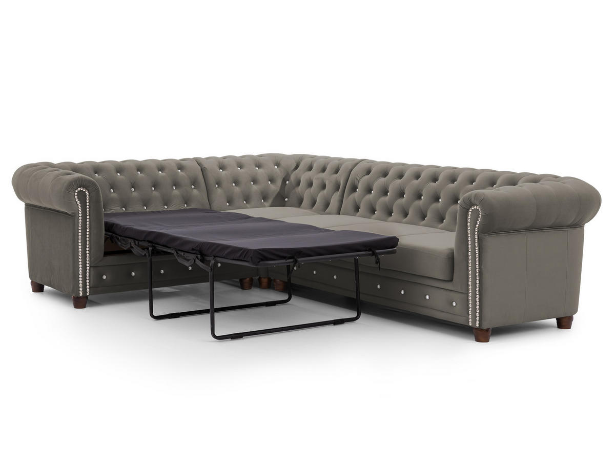 ECKSOFA mit Schlaffunktion Chesterfield Marineblau Samt mit Kristallsteppung und braunen Massivholzfüßen - Ottomane Links - Blau/Braun, Holz/Textil (264/210cm) - S-Style Möbel