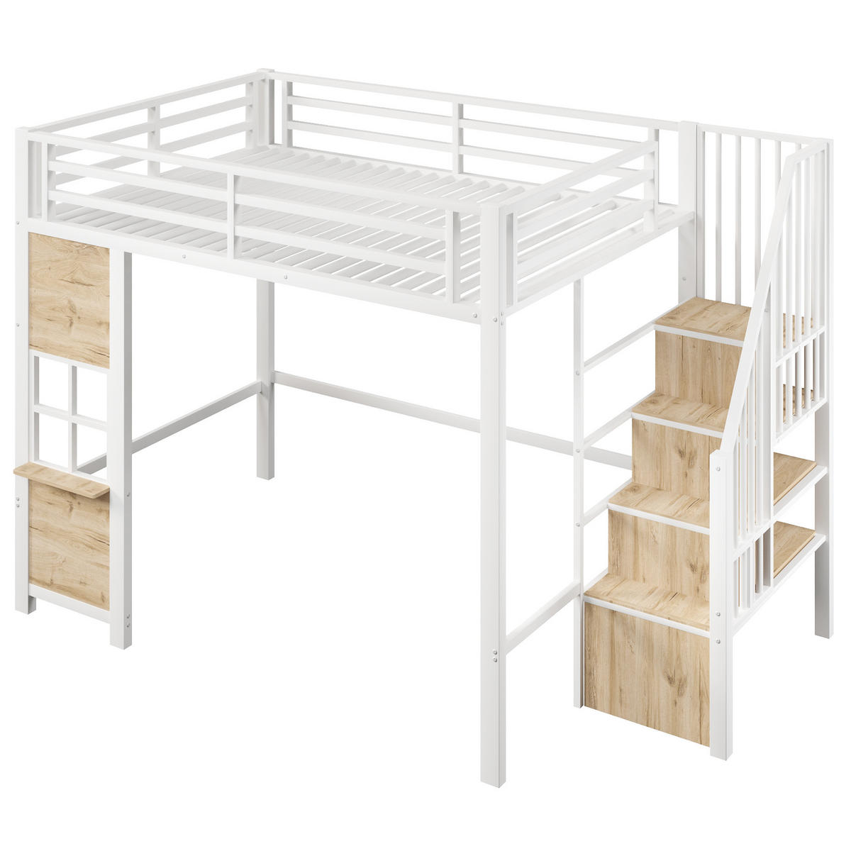 HOCHBETT 140/200 cm Weiß mit Stauraumtreppe und offener Stauraum - Weiß, Metall (140/200cm) - Oxeza