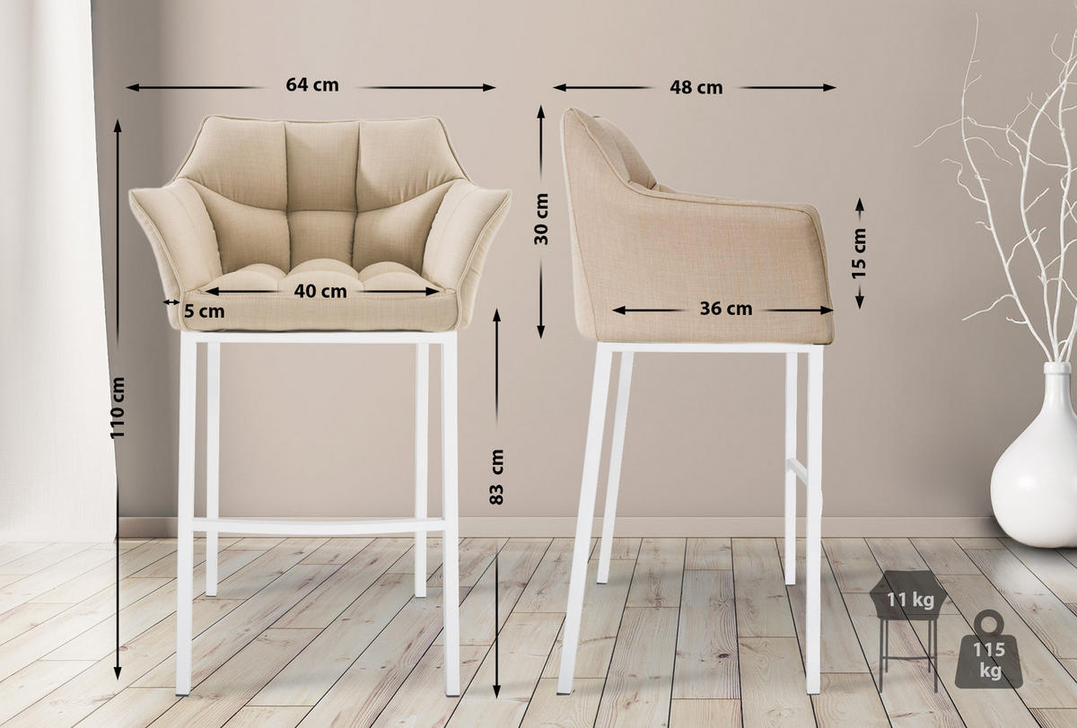 BARHOCKER Stoff Creme - Creme/Weiß, Textil/Metall (64/110/48cm) - CLP