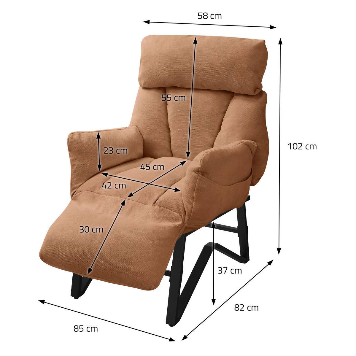 RELAXSESSEL Braun Leinenbezug verstellbar mit Armlehnen und Fußablage - Schwarz/Braun, Textil/Metall (85/102/82cm) - ML-DESIGN