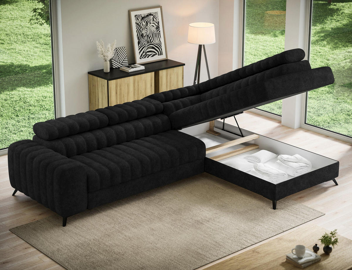 KANEDO Ecksofa mit Schlaffunktion und Bettkasten – Modernes Designsofa, verstellbare Kopfstützen, Metallfüße - Schwarz, Kunststoff (269/86cm) - Wohnideebilder