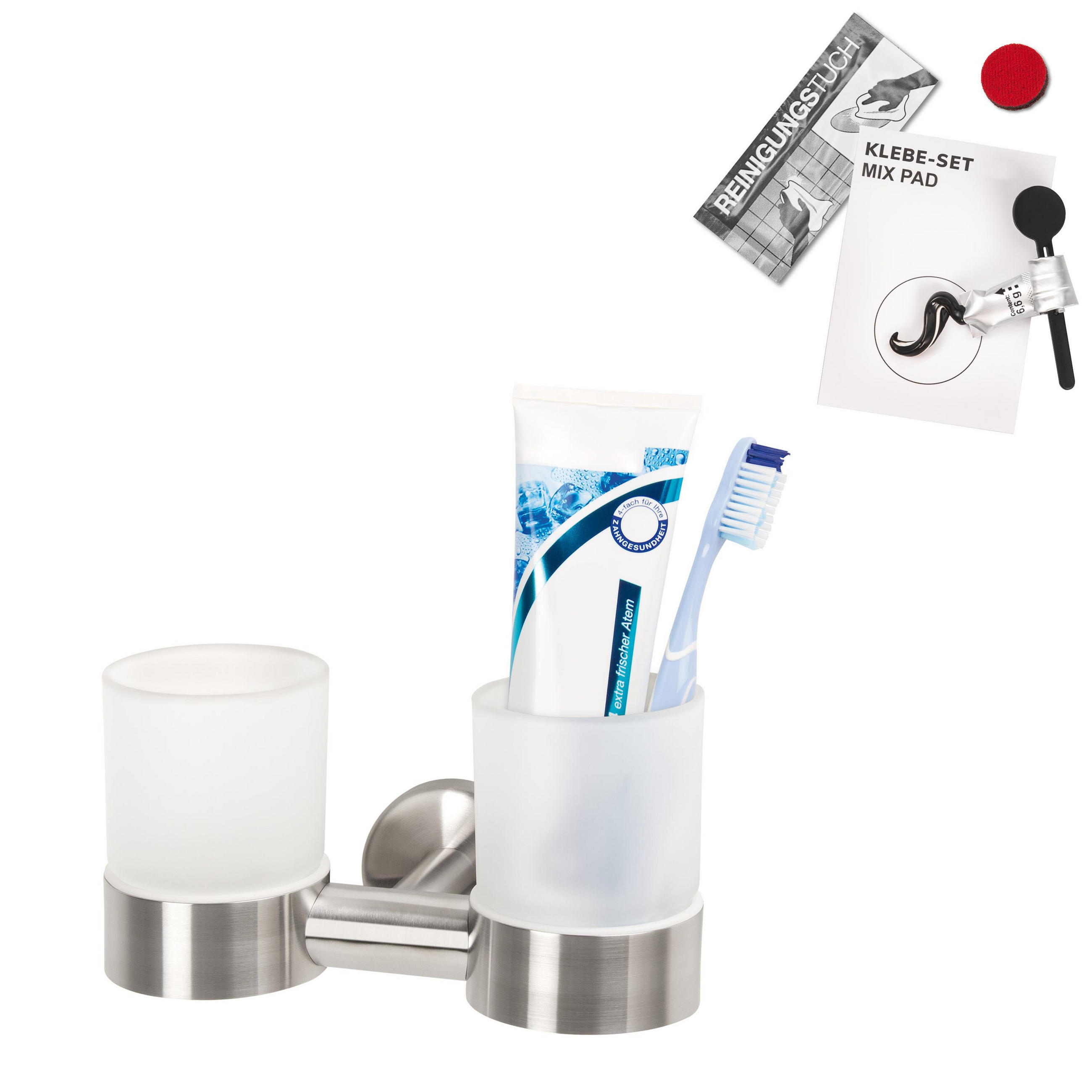 DOPPEL-GLASBECHERHALTER PIAZZA Edelstahl, inkl. Klebeset - Edelstahlfarben, Metall (17.5/10.5/11cm) - bremermann