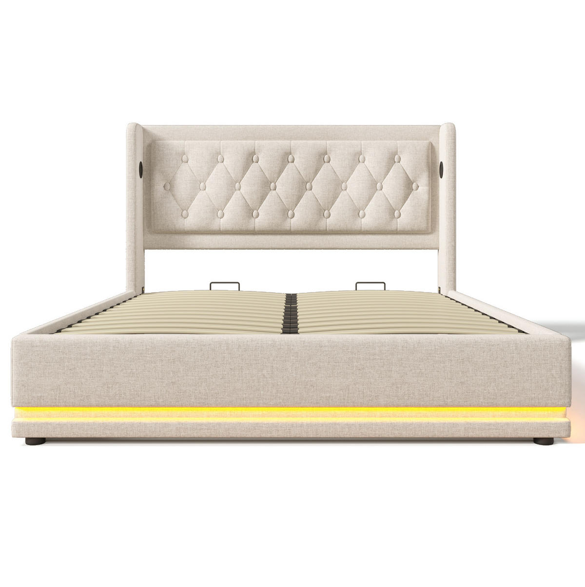 POLSTERBETT aus Baumwolle 160x200 cm Beige mit Bettkasten, LED-Beleuchtung, USB-C und Matratze - Beige, Textil (160/200cm) - IVMEU