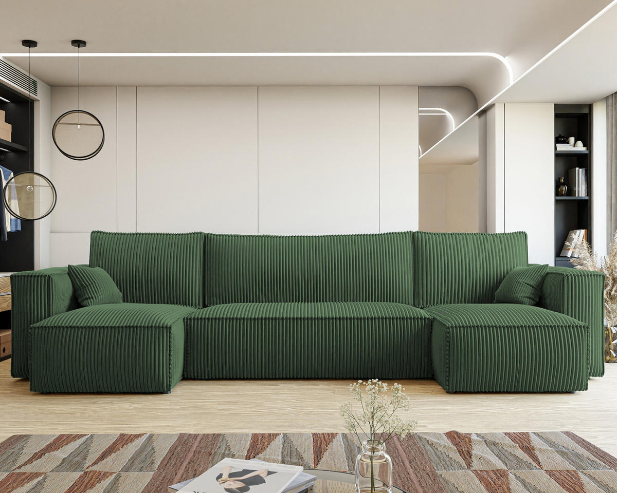 ECKSOFA mit Schlaffunktion und Bettkasten, Grün - Grün, Holzwerkstoff/Textil (312/145cm) - Idohome