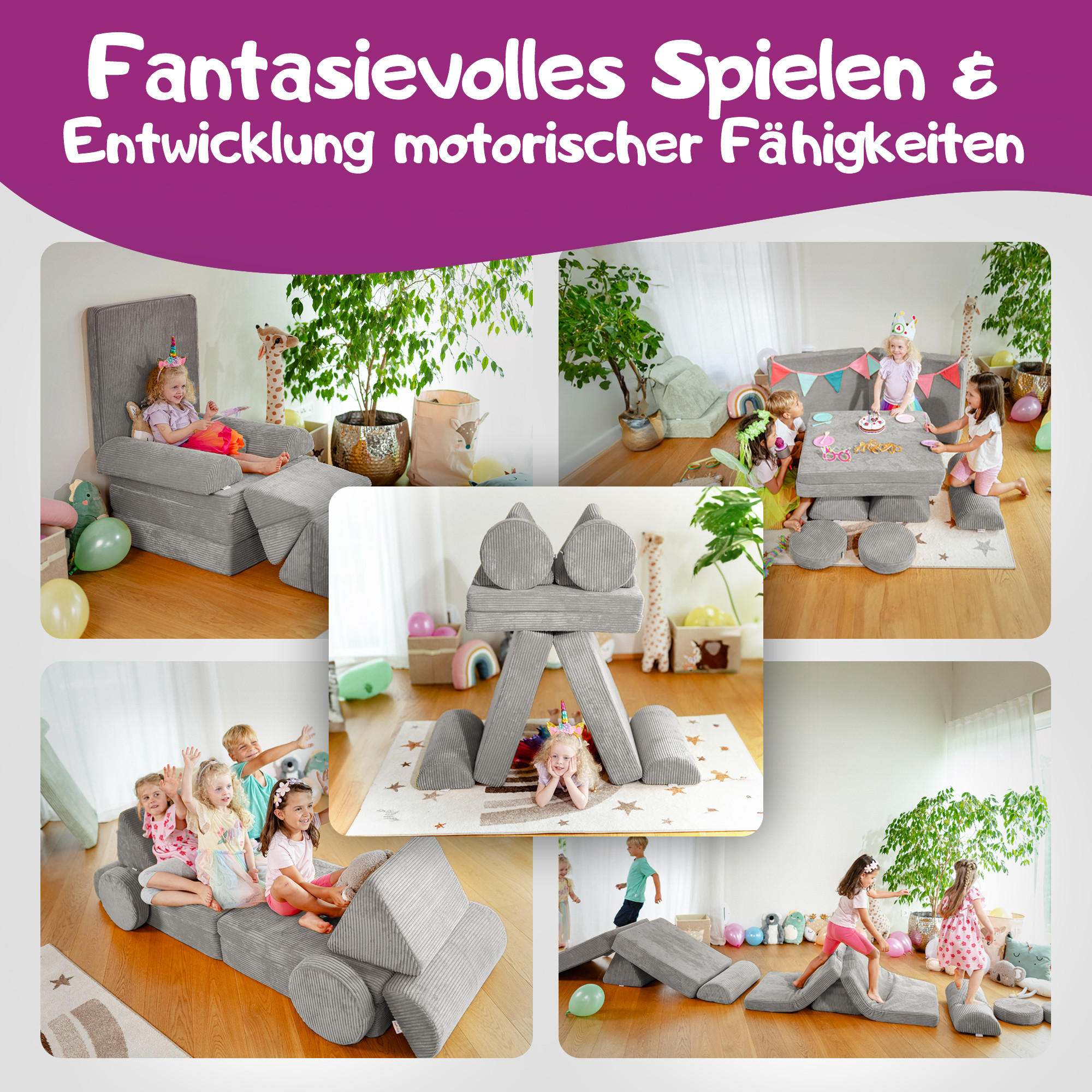 SPIELSOFA Kinder Fantasiewelt 8tlg - Grau, Textil (150/55/66cm) - Linodino